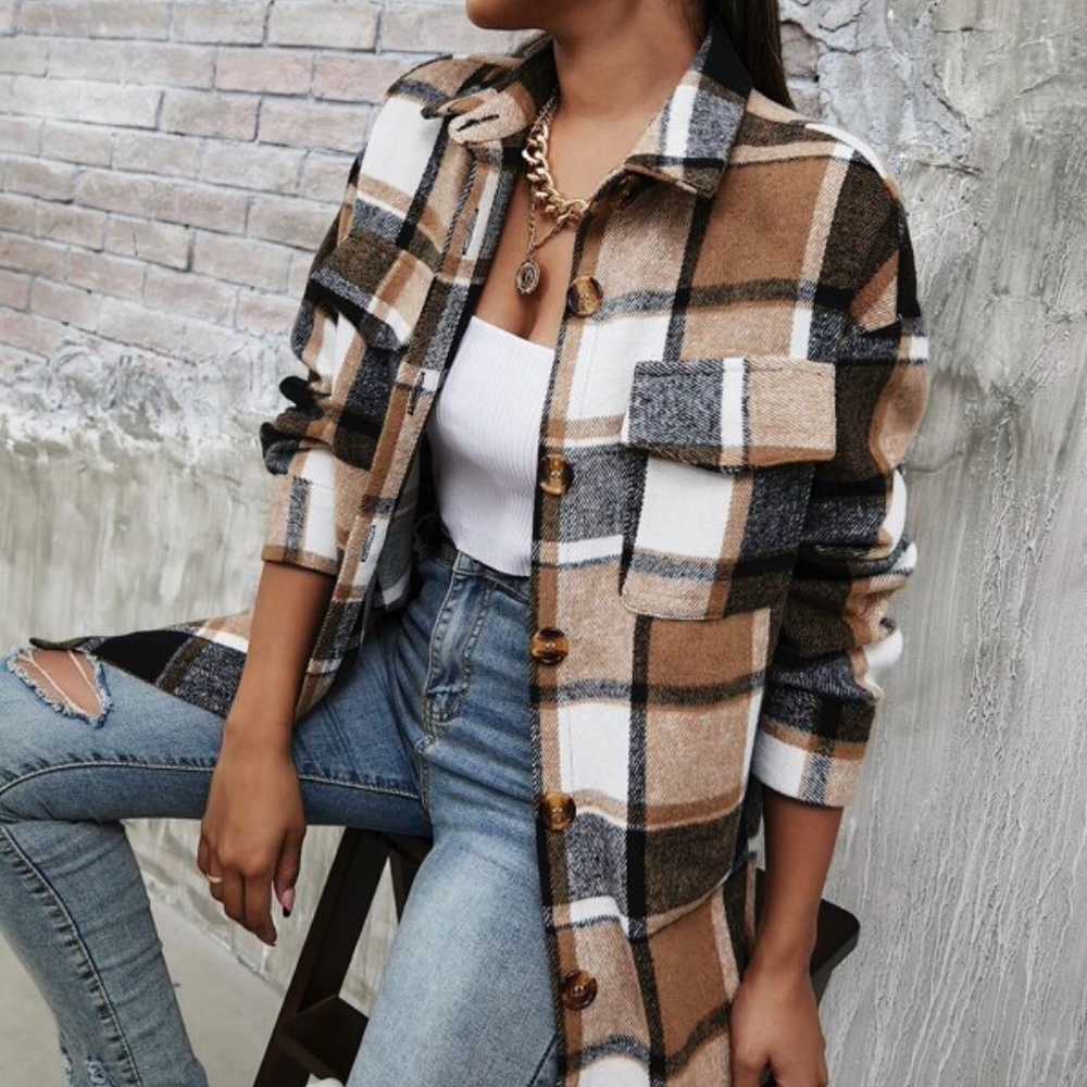 Black Tan Plaid Button up jacket Shacket Casual - Picture 2 of 4